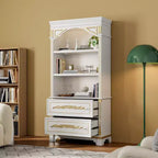 Meuble de rangement décoratif blanc Famapy avec spot LED et sculptures dorées ornementales pour salon et entrée