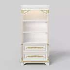 Meuble de rangement décoratif blanc Famapy avec spot LED et sculptures dorées ornementales pour salon et entrée