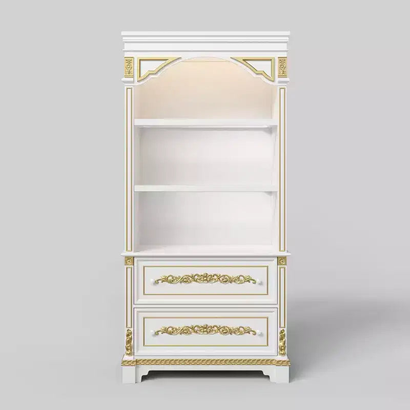 Meuble de rangement décoratif blanc Famapy avec spot LED et sculptures dorées ornementales pour salon et entrée
