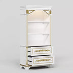 Meuble de rangement décoratif blanc Famapy avec spot LED et sculptures dorées ornementales pour salon et entrée