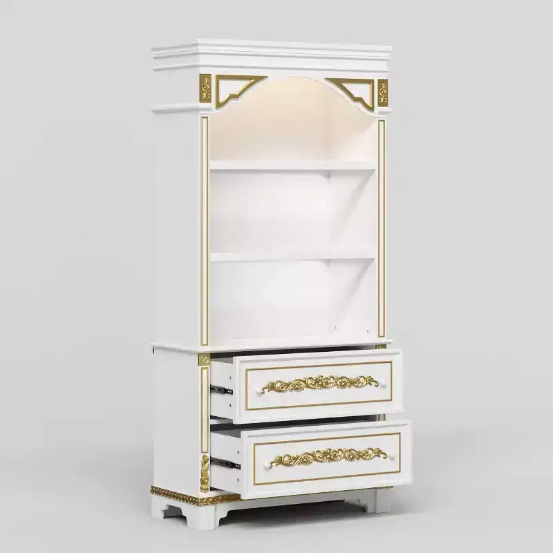 Meuble de rangement décoratif blanc Famapy avec spot LED et sculptures dorées ornementales pour salon et entrée