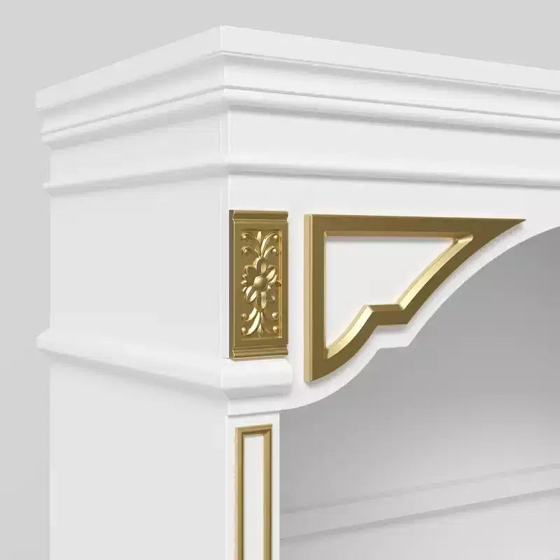 Meuble de rangement décoratif blanc Famapy avec spot LED et sculptures dorées ornementales pour salon et entrée