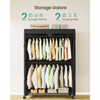 SONGMICS Portant à vêtements roulant robuste, Armoire portable à roulettes, avec étagères grillagées et tringles à suspendre réglables, Housse en tissu, Noir encre