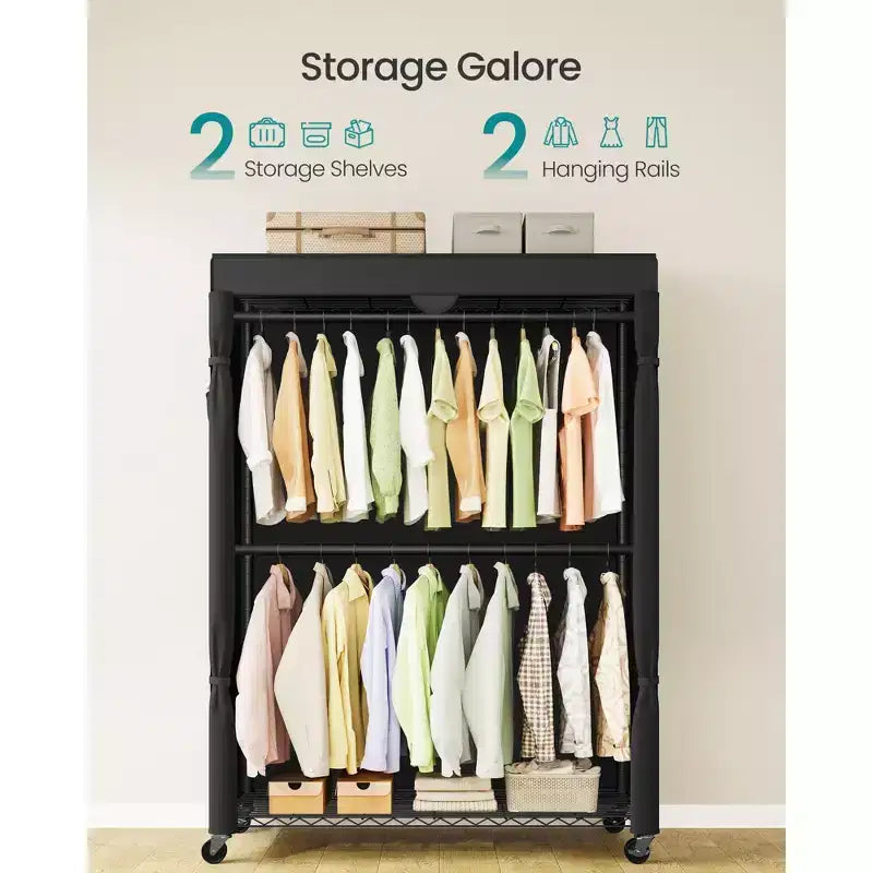 SONGMICS Portant à vêtements roulant robuste, Armoire portable à roulettes, avec étagères grillagées et tringles à suspendre réglables, Housse en tissu, Noir encre
