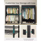 SONGMICS Portant à vêtements roulant robuste, Armoire portable à roulettes, avec étagères grillagées et tringles à suspendre réglables, Housse en tissu, Noir encre