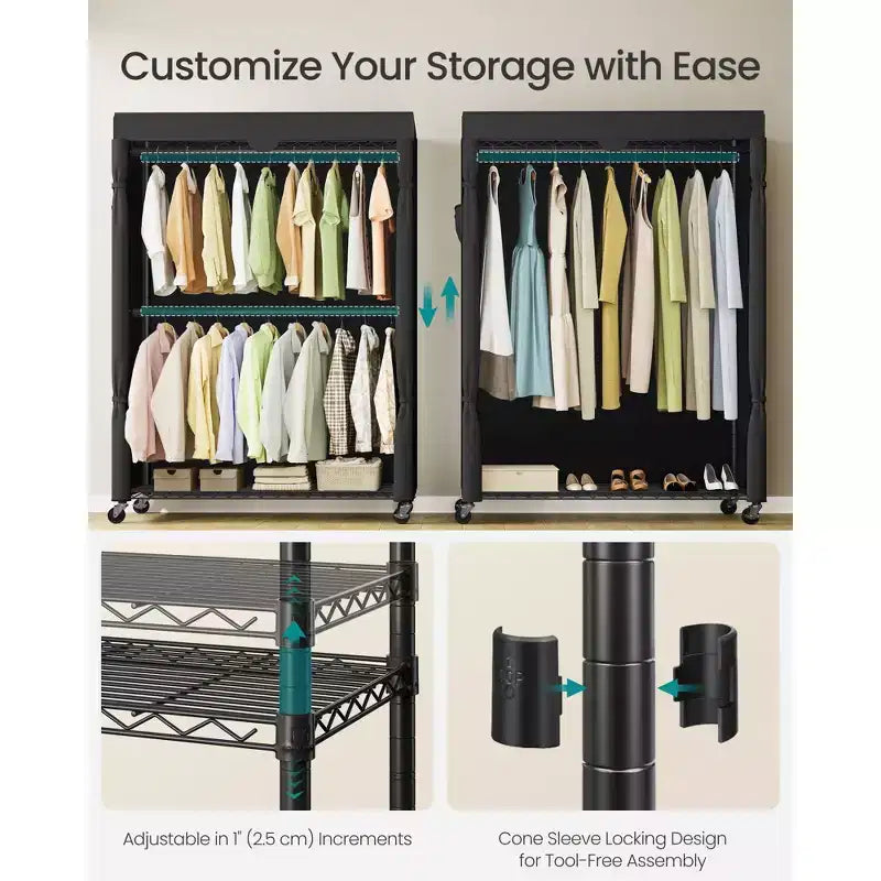 SONGMICS Portant à vêtements roulant robuste, Armoire portable à roulettes, avec étagères grillagées et tringles à suspendre réglables, Housse en tissu, Noir encre
