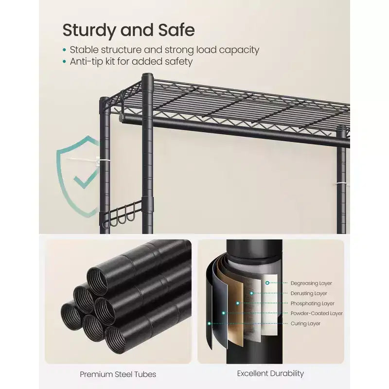 SONGMICS Portant à vêtements roulant robuste, Armoire portable à roulettes, avec étagères grillagées et tringles à suspendre réglables, Housse en tissu, Noir encre