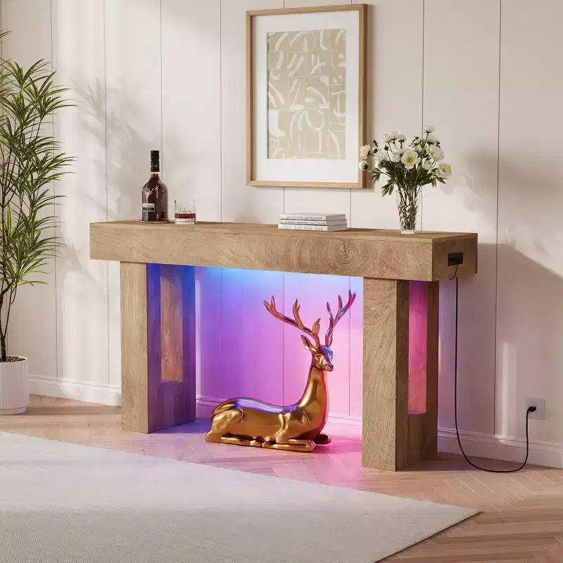 Console d'entrée en bois de 63 po avec station de recharge, table d'entrée rustique pour salon, entrée, foyer, couloir