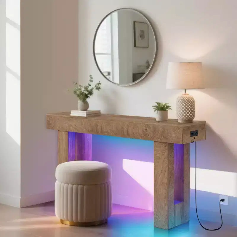 Console d'entrée en bois de 63 po avec station de recharge, table d'entrée rustique pour salon, entrée, foyer, couloir