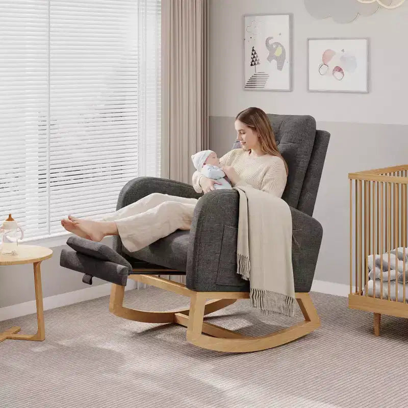 Fauteuil à bascule pour chambre de bébé avec repose-pieds réglable, fauteuil à bascule planant à dossier haut en lin avec pieds en bois pour salon, chambre à coucher et chambre de bébé