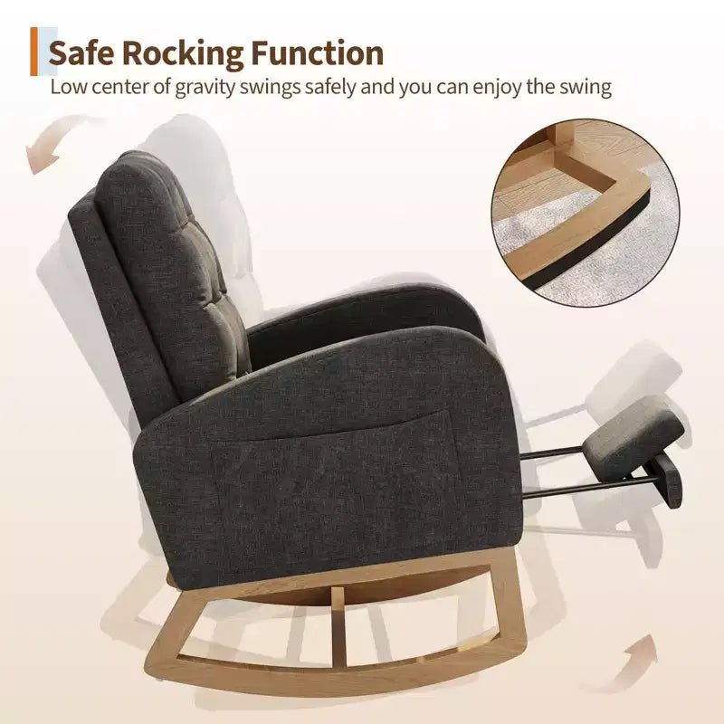 Fauteuil à bascule pour chambre de bébé avec repose-pieds réglable, fauteuil à bascule planant à dossier haut en lin avec pieds en bois pour salon, chambre à coucher et chambre de bébé