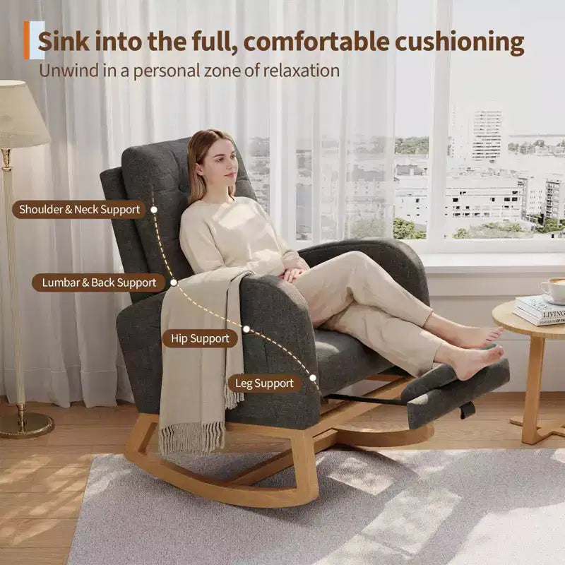 Fauteuil à bascule pour chambre de bébé avec repose-pieds réglable, fauteuil à bascule planant à dossier haut en lin avec pieds en bois pour salon, chambre à coucher et chambre de bébé