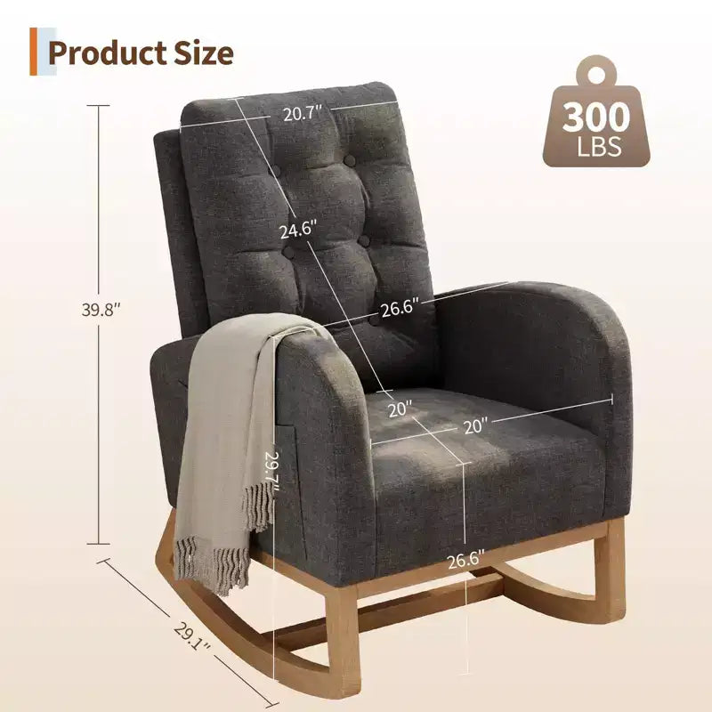 Fauteuil à bascule pour chambre de bébé avec repose-pieds réglable, fauteuil à bascule planant à dossier haut en lin avec pieds en bois pour salon, chambre à coucher et chambre de bébé
