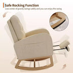 Fauteuil à bascule pour chambre de bébé avec repose-pieds réglable, fauteuil à bascule planant à dossier haut en lin avec pieds en bois pour salon, chambre à coucher et chambre de bébé