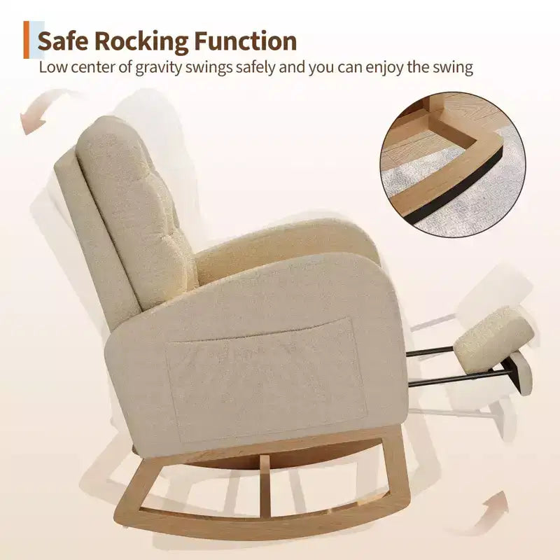 Fauteuil à bascule pour chambre de bébé avec repose-pieds réglable, fauteuil à bascule planant à dossier haut en lin avec pieds en bois pour salon, chambre à coucher et chambre de bébé
