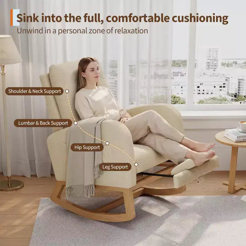 Fauteuil à bascule pour chambre de bébé avec repose-pieds réglable, fauteuil à bascule planant à dossier haut en lin avec pieds en bois pour salon, chambre à coucher et chambre de bébé