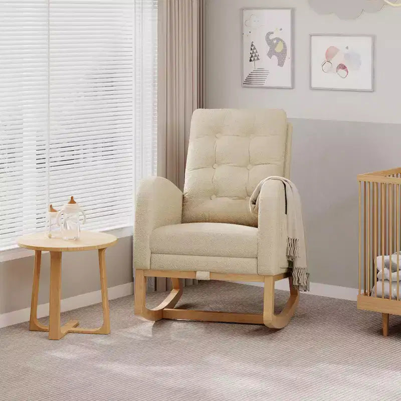 Fauteuil à bascule pour chambre de bébé avec repose-pieds réglable, fauteuil à bascule planant à dossier haut en lin avec pieds en bois pour salon, chambre à coucher et chambre de bébé