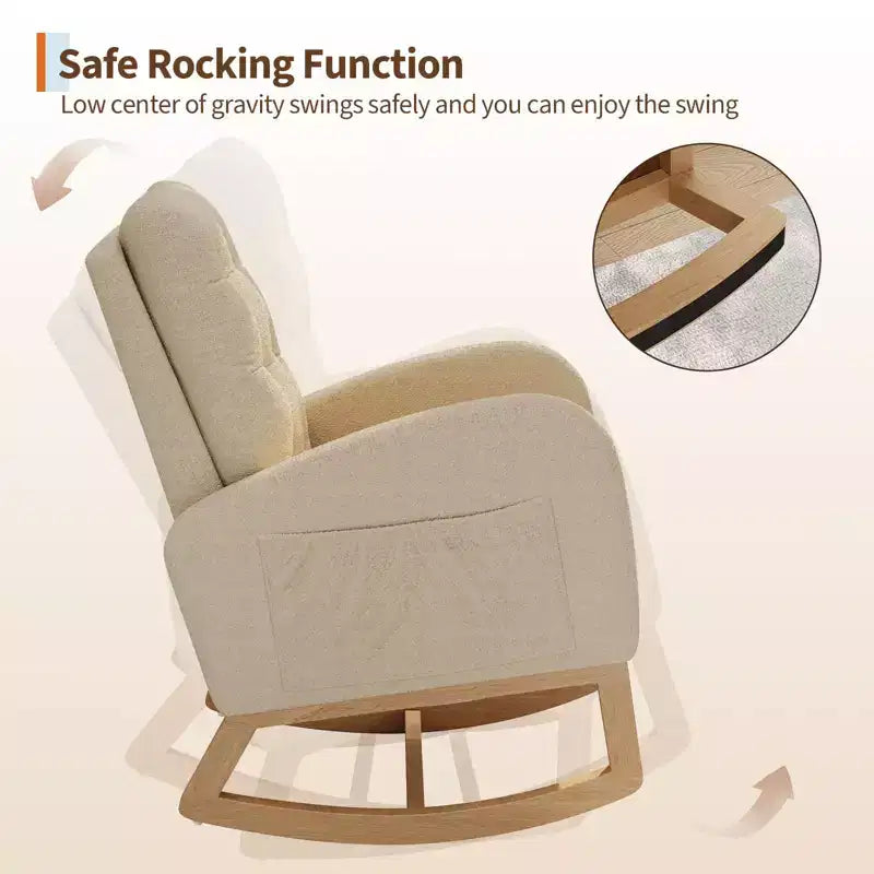 Fauteuil à bascule pour chambre de bébé avec repose-pieds réglable, fauteuil à bascule planant à dossier haut en lin avec pieds en bois pour salon, chambre à coucher et chambre de bébé