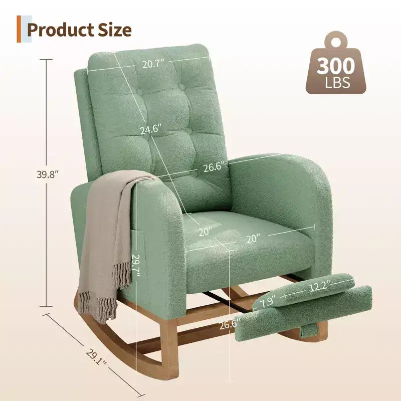 Fauteuil à bascule pour chambre de bébé avec repose-pieds réglable, fauteuil à bascule planant à dossier haut en lin avec pieds en bois pour salon, chambre à coucher et chambre de bébé