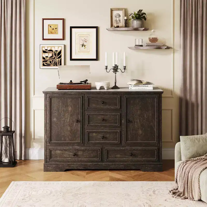Buffet de Ferme, Bahut de Rangement avec 5 Tiroirs, 2 Portes, Meuble Bar en Bois, Table Buffet pour Salle à Manger et Salon
