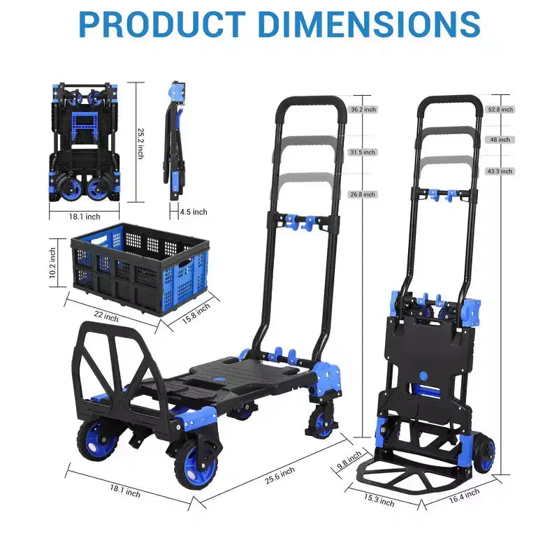 Diable Chariot Pliant, Chariot Pliable Convertible 2-en-1 avec Panier Pliable et Poignée Rétractable, Portable pour Entrepôt, Courses