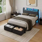 Cadre de lit plateforme pleine grandeur 2 tiroirs de rangement Tête de lit Lumières LED Station de charge Métal Bois robuste Pas besoin de sommier Chambre d'amis USB