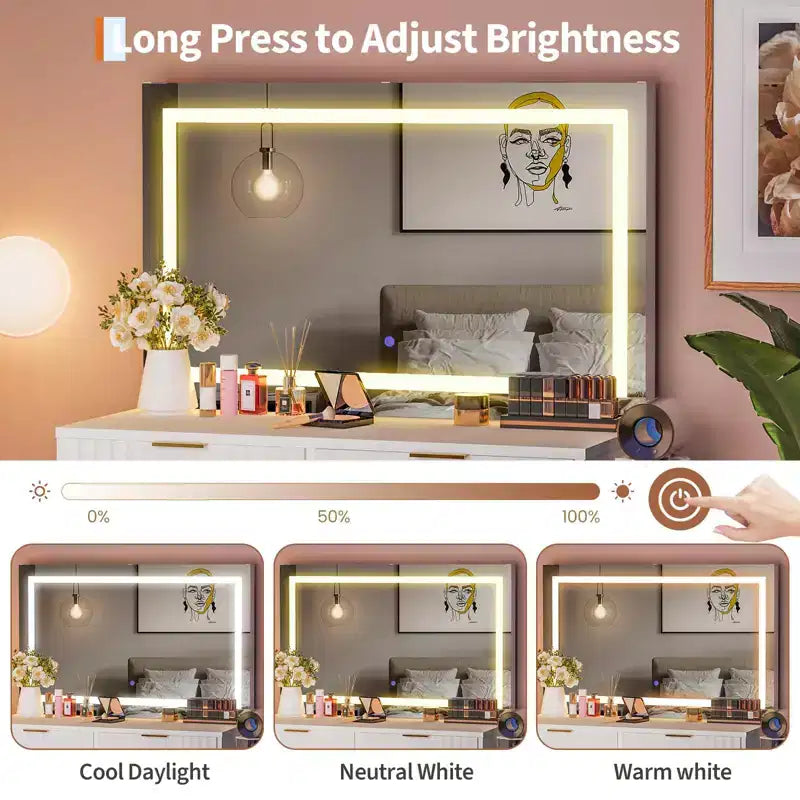 Coiffeuse cannelée avec miroir et lumières, Petite coiffeuse de maquillage avec 2 tiroirs et prise électrique, 3 modes d'éclairage à luminosité réglable pour chambre à coucher