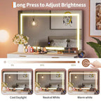 Coiffeuse cannelée avec miroir et lumières, Petite coiffeuse de maquillage avec 2 tiroirs et prise électrique, 3 modes d'éclairage à luminosité réglable pour chambre à coucher
