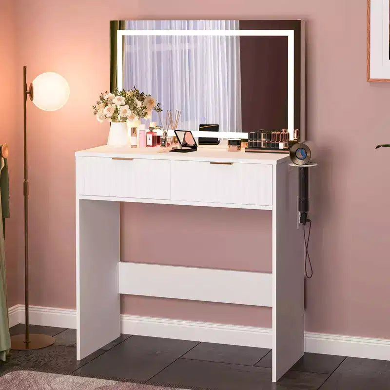 Coiffeuse cannelée avec miroir et lumières, Petite coiffeuse de maquillage avec 2 tiroirs et prise électrique, 3 modes d'éclairage à luminosité réglable pour chambre à coucher