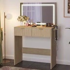 Coiffeuse cannelée avec miroir et lumières, Petite coiffeuse de maquillage avec 2 tiroirs et prise électrique, 3 modes d'éclairage à luminosité réglable pour chambre à coucher
