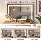 Coiffeuse cannelée avec miroir et lumières, Petite coiffeuse de maquillage avec 2 tiroirs et prise électrique, 3 modes d'éclairage à luminosité réglable pour chambre à coucher