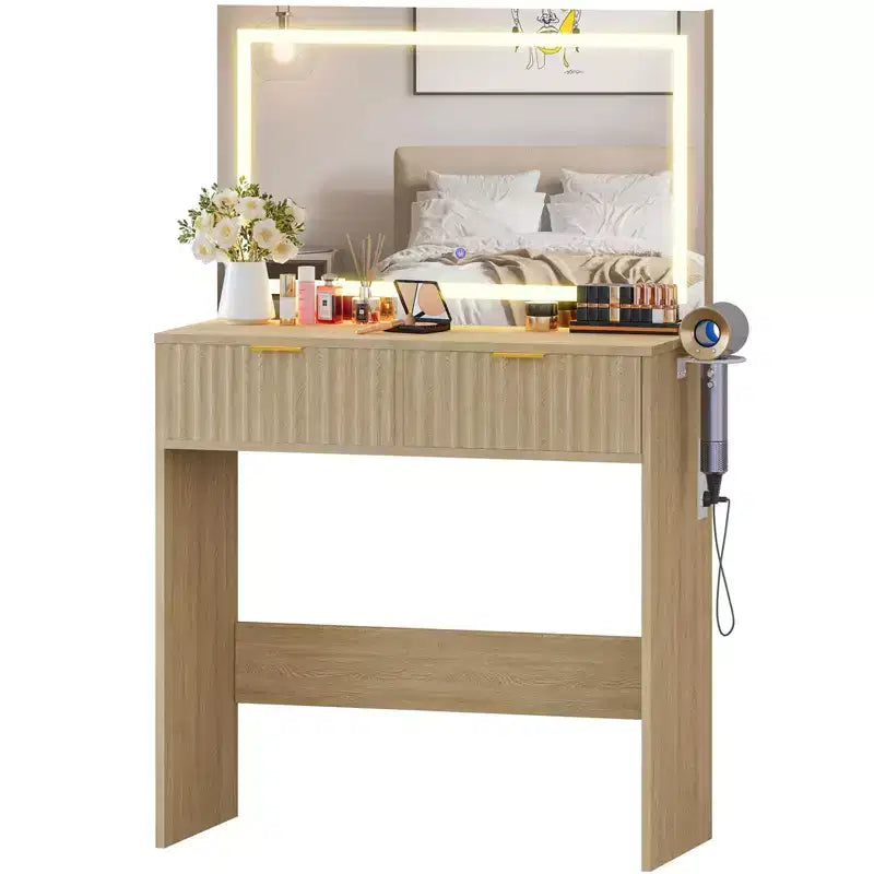 Coiffeuse cannelée avec miroir et lumières, Petite coiffeuse de maquillage avec 2 tiroirs et prise électrique, 3 modes d'éclairage à luminosité réglable pour chambre à coucher