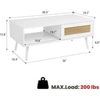39.4 Table basse bohème en rotin, table de salon moderne en bois avec porte coulissante et étagère de rangement ouverte, patins antidérapants