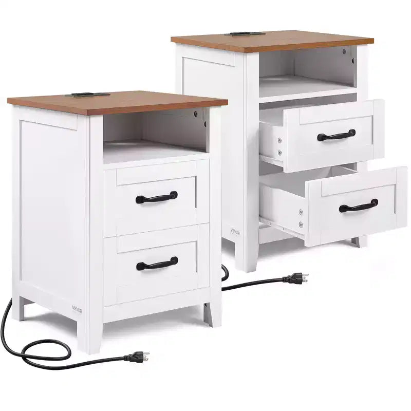 VEVOR Farmhouse Nightstands, with Charging Station, Set of 2, End Tables with 2 Drawers and Open Shelf, Bedside Storage Cabinets, with USB Port, White