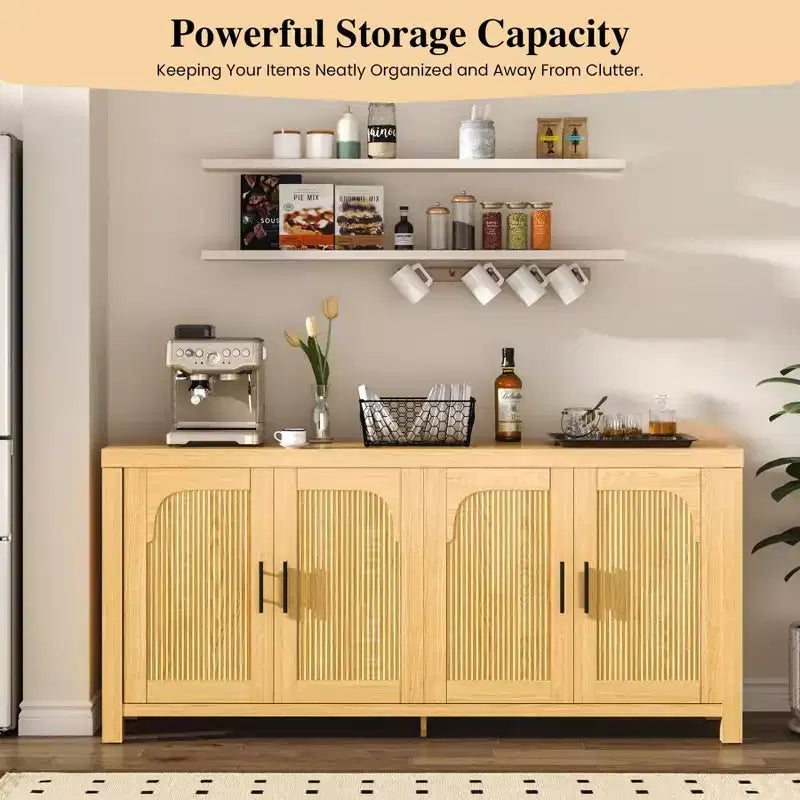 COZONY 71 Meuble de Buffet de Ferme avec 4 Portes, Étagères Réglables, Chêne Clair