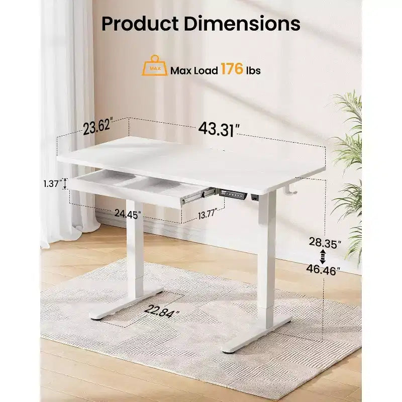 ErGear 44X24 Bureau électrique assis-debout avec tiroirs, bureau réglable en hauteur avec 4 préréglages, table d'ordinateur ergonomique pour bureau à domicile, blanc