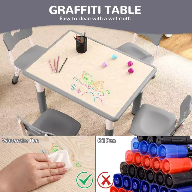 Table et 4 chaises ajustables pour enfants – Bureau multi-activités antidérapant et résistant aux graffitis pour [activités] – Âges