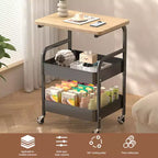 Chariot de rangement à 3 niveaux avec plateau en bois de noyer, organiseur roulant polyvalent pour snacks, café et maquillage, cadre en métal avec roues verrouillables