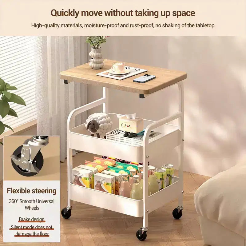 Chariot de rangement à 3 niveaux avec plateau en bois de noyer, organiseur roulant polyvalent pour snacks, café et maquillage, cadre en métal avec roues verrouillables