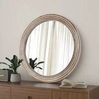 Whisen Farmhouse Round Decorative Wall Mirror with Beaded Decor, Rustic Wood Frame for Home - Antique Natural