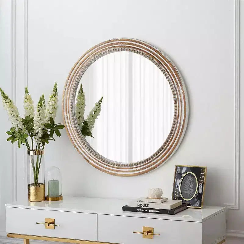 Miroir mural décoratif rond de ferme Whisen avec décor perlé, cadre en bois rustique pour la maison - Naturel antique