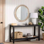 Miroir mural décoratif rond de ferme Whisen avec décor perlé, cadre en bois rustique pour la maison - Naturel antique