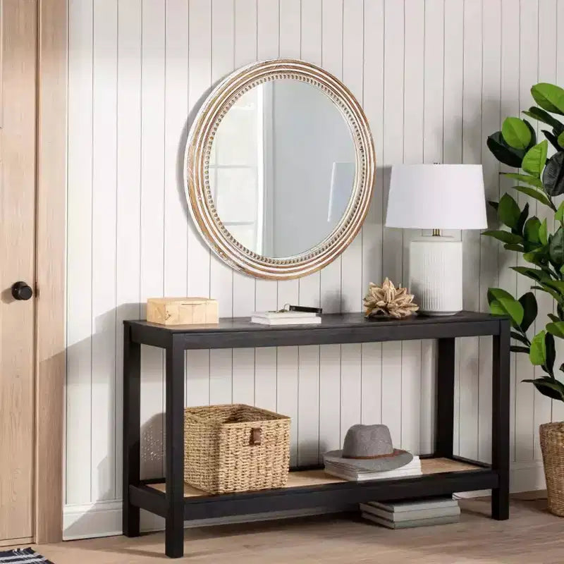 Miroir mural décoratif rond de ferme Whisen avec décor perlé, cadre en bois rustique pour la maison - Naturel antique