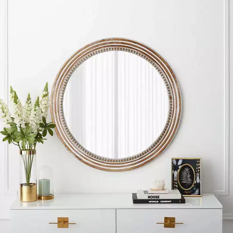Miroir mural décoratif rond de ferme Whisen avec décor perlé, cadre en bois rustique pour la maison - Naturel antique