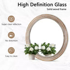 Miroir mural décoratif rond de ferme Whisen avec décor perlé, cadre en bois rustique pour la maison - Naturel antique