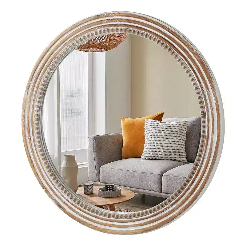 Miroir mural décoratif rond de ferme Whisen avec décor perlé, cadre en bois rustique pour la maison - Naturel antique