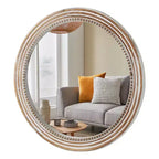 Miroir mural décoratif rond de ferme Whisen avec décor perlé, cadre en bois rustique pour la maison - Naturel antique