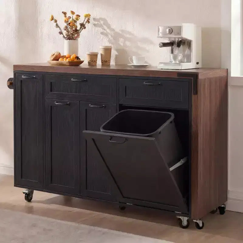 FAMYYT 102.3 Desserte de cuisine roulante avec table à manger extensible, armoire de rangement pour poubelle, étagère à épices coulissante à 3 niveaux, 2 tiroirs