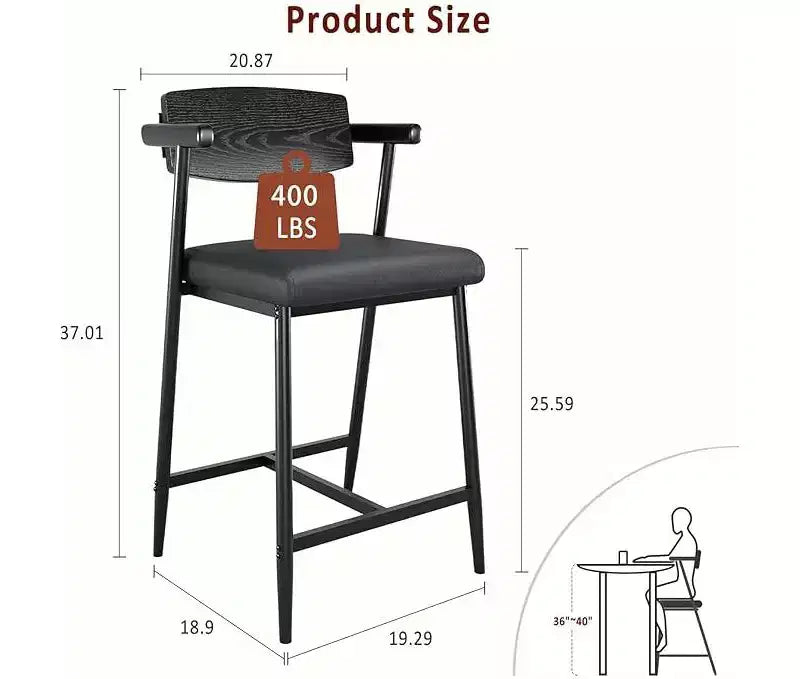 Tabourets de bar (lot de 2) avec accoudoirs, tabourets de bar de 66 cm de hauteur de comptoir avec repose-pieds et dossier en bois, ensemble de tabourets de bar en métal avec large assise rembourrée