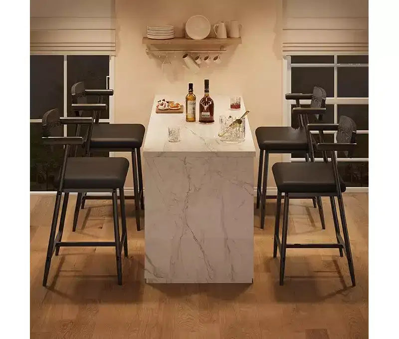 Tabourets de bar (lot de 2) avec accoudoirs, tabourets de bar de 66 cm de hauteur de comptoir avec repose-pieds et dossier en bois, ensemble de tabourets de bar en métal avec large assise rembourrée
